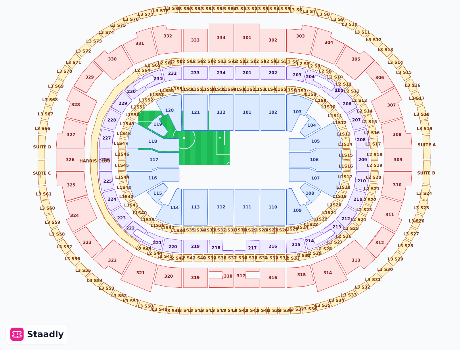 UNITED CENTER seat layout and seating plan — colored sections, stands and tiers (CHICAGO)