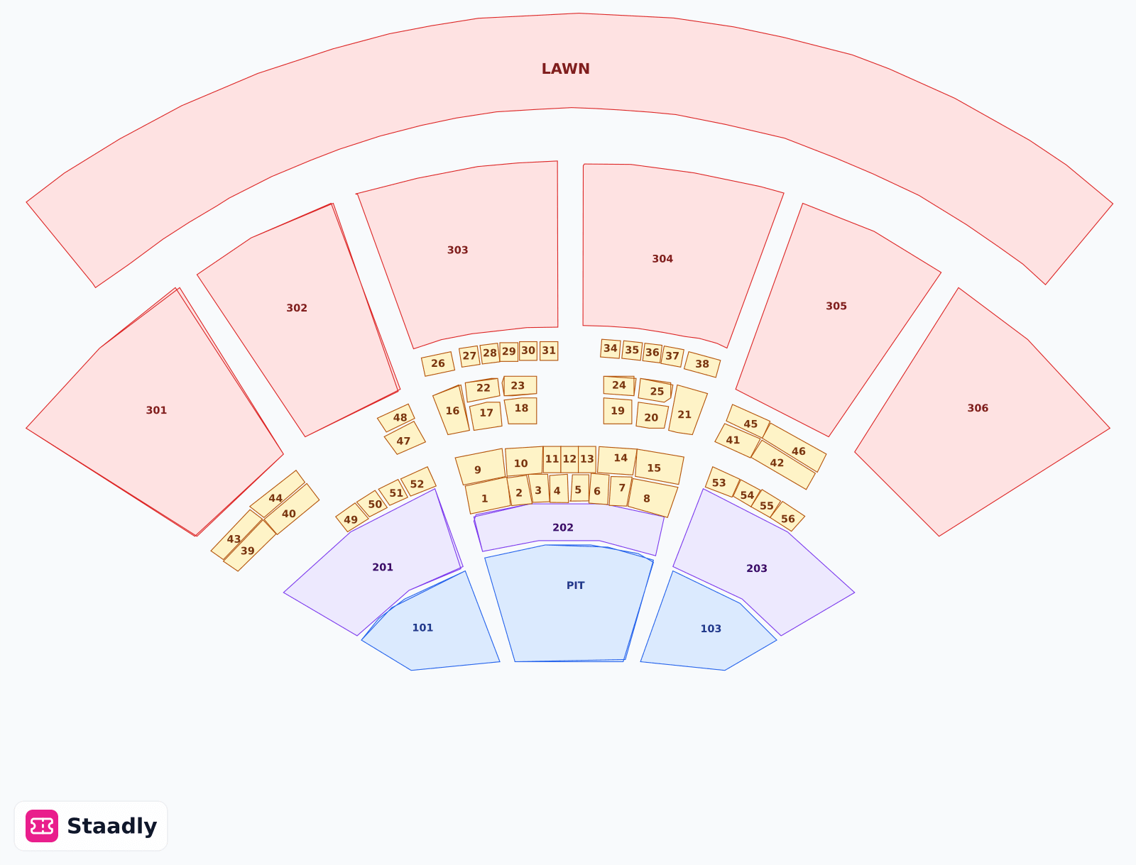 Utah First Credit Union Amphitheatre seat layout and seating plan — colored sections, stands and tiers (West Valley City)