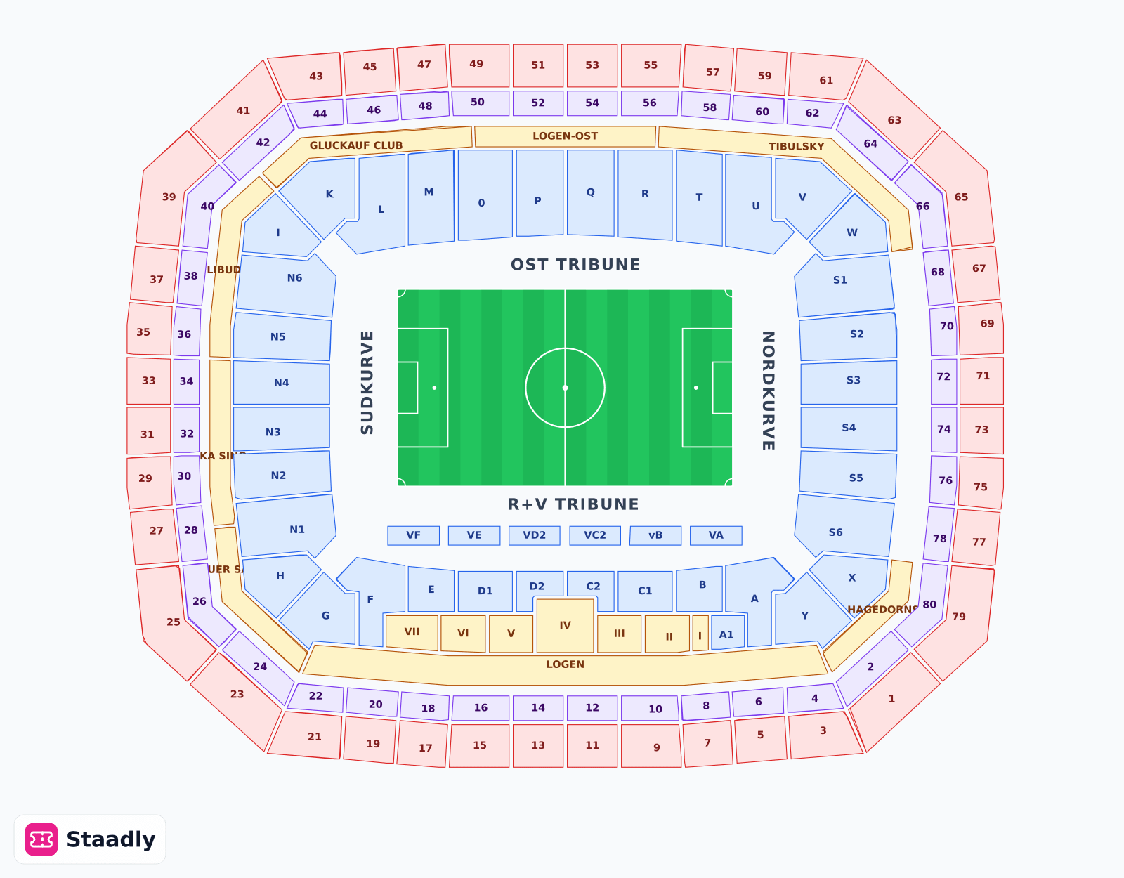 Veltins-Arena seat layout and seating plan — colored sections, stands and tiers (Shalke)