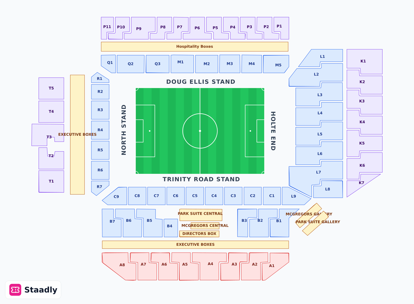 Villa Park seat layout and seating plan — colored sections, stands and tiers (Birmingham)