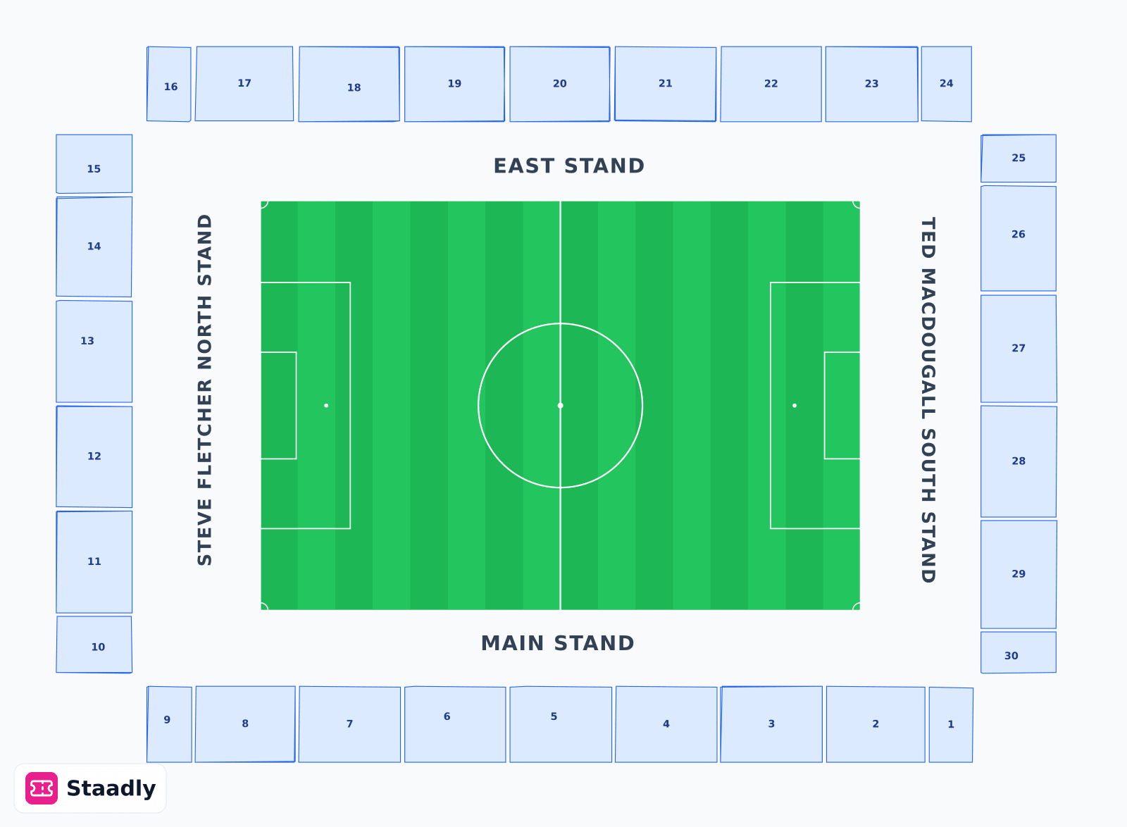 Vitality Stadium seat layout and seating plan — colored sections, stands and tiers (Bournemouth)
