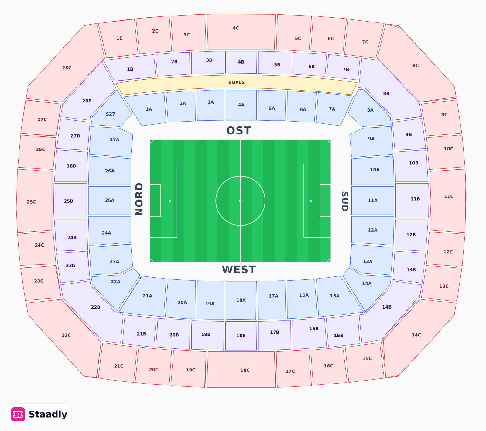 Volksparkstadion seat layout and seating plan — colored sections, stands and tiers (Hamburg)