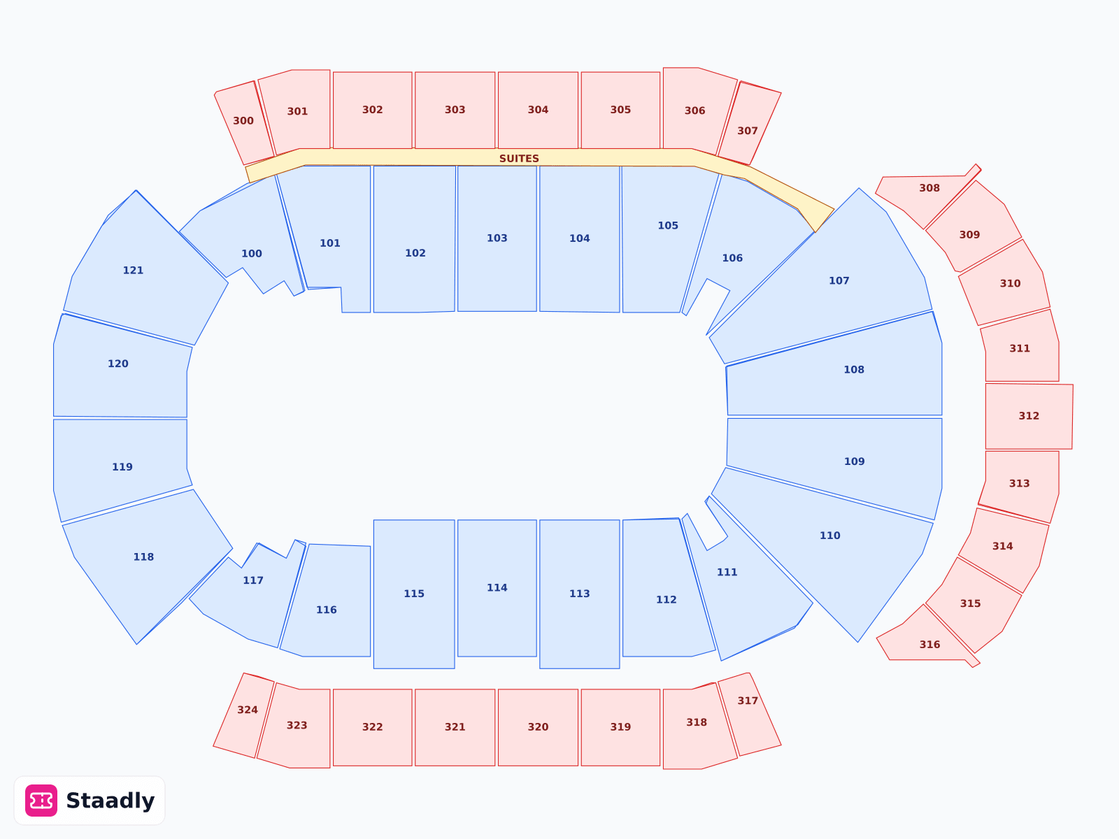 VyStar Veterans Arena seat layout and seating plan — colored sections, stands and tiers (Jacksonville)