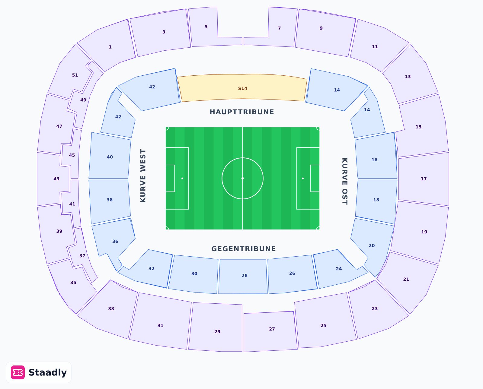 Waldstadion seat layout and seating plan — colored sections, stands and tiers (Frankfurt)