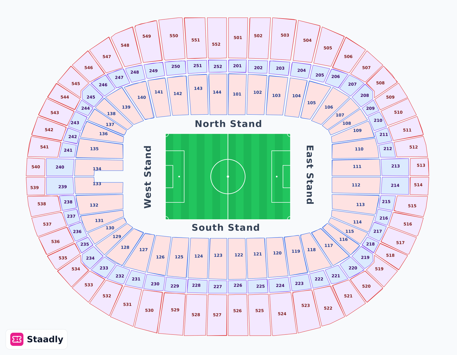 Wembley Stadium seat layout and seating plan — colored sections, stands and tiers (London)