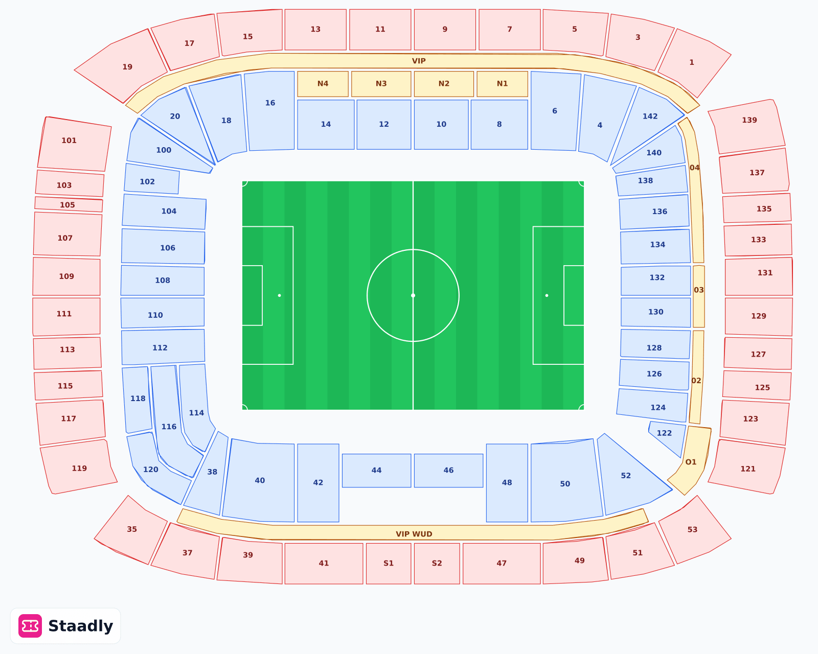 Weserstadion seat layout and seating plan — colored sections, stands and tiers (Bremen) — SV Werder Bremen's stadium