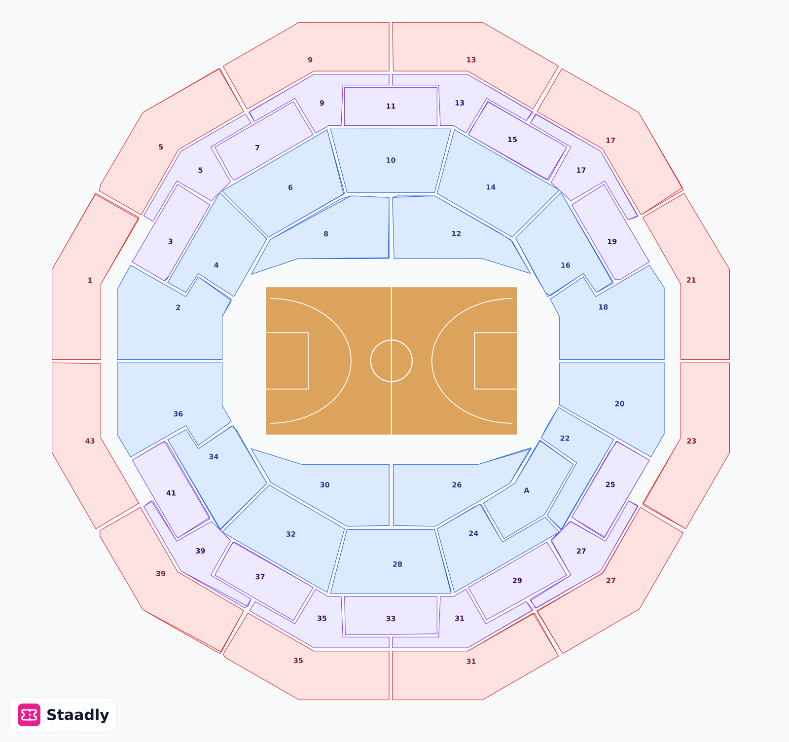 Wimbledon court #1 seat layout and seating plan — colored sections, stands and tiers (London)