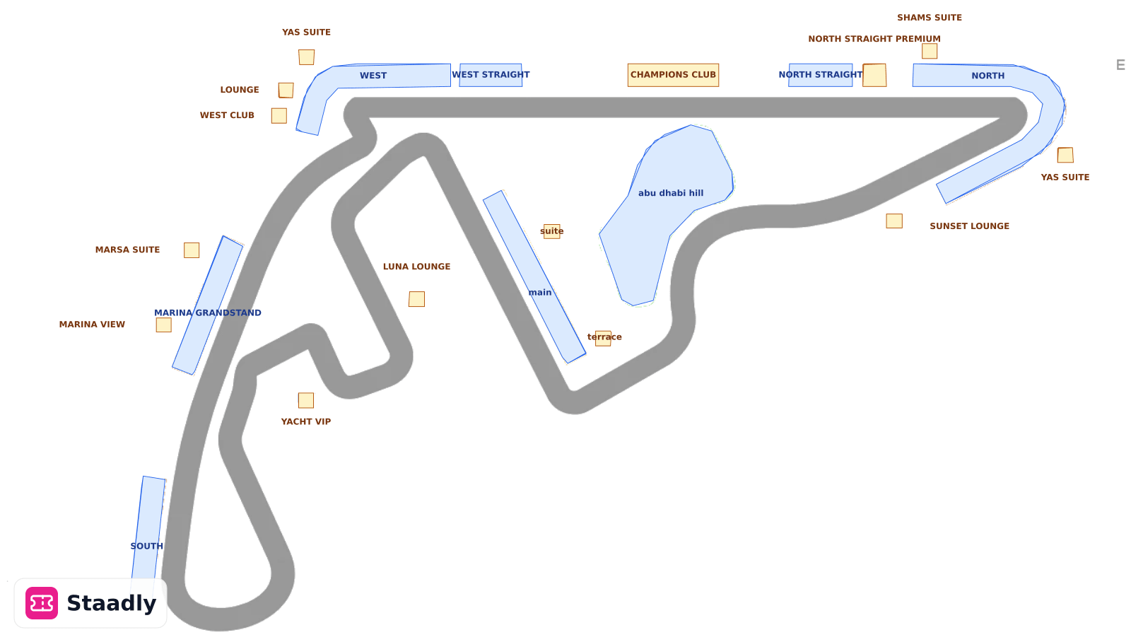 YAS MARINA CIRCUIT seat layout and seating plan — colored sections, stands and tiers (ABU DHABI)